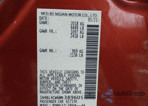 2021 Nissan Altima Sr Intelligent Awd z USA, uszkodzony, nr VIN 1N4BL4CW6MN389605